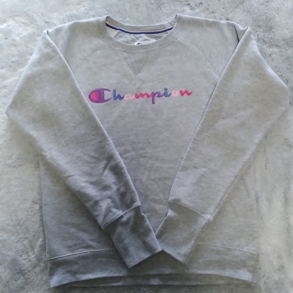 Champion paint look spellout graphic soft interior women's grey sweatshirt small